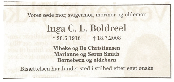 Inga C J Boldreel Dodsannonce